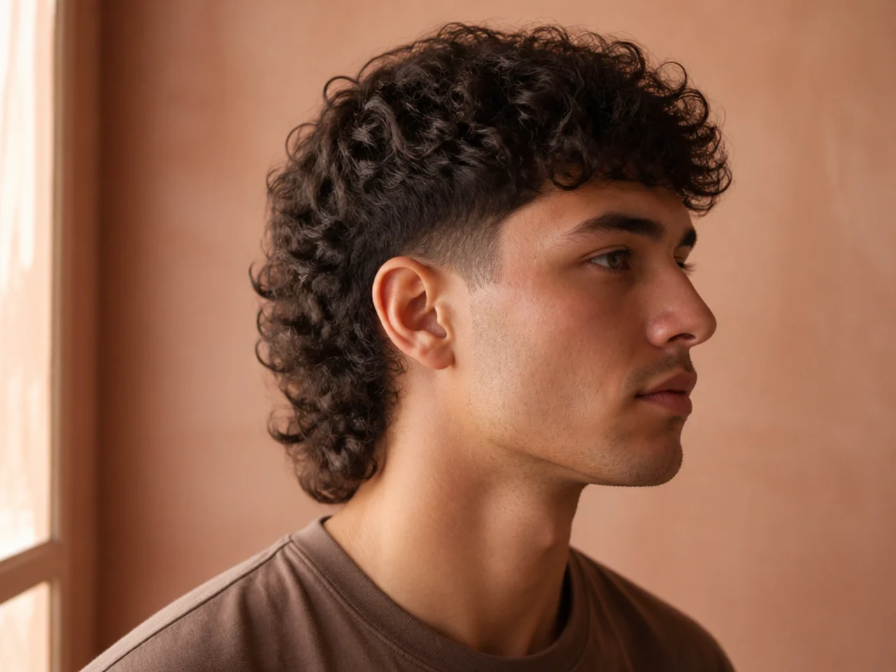 A curly mullet six weeks after cutting with a softened fade line