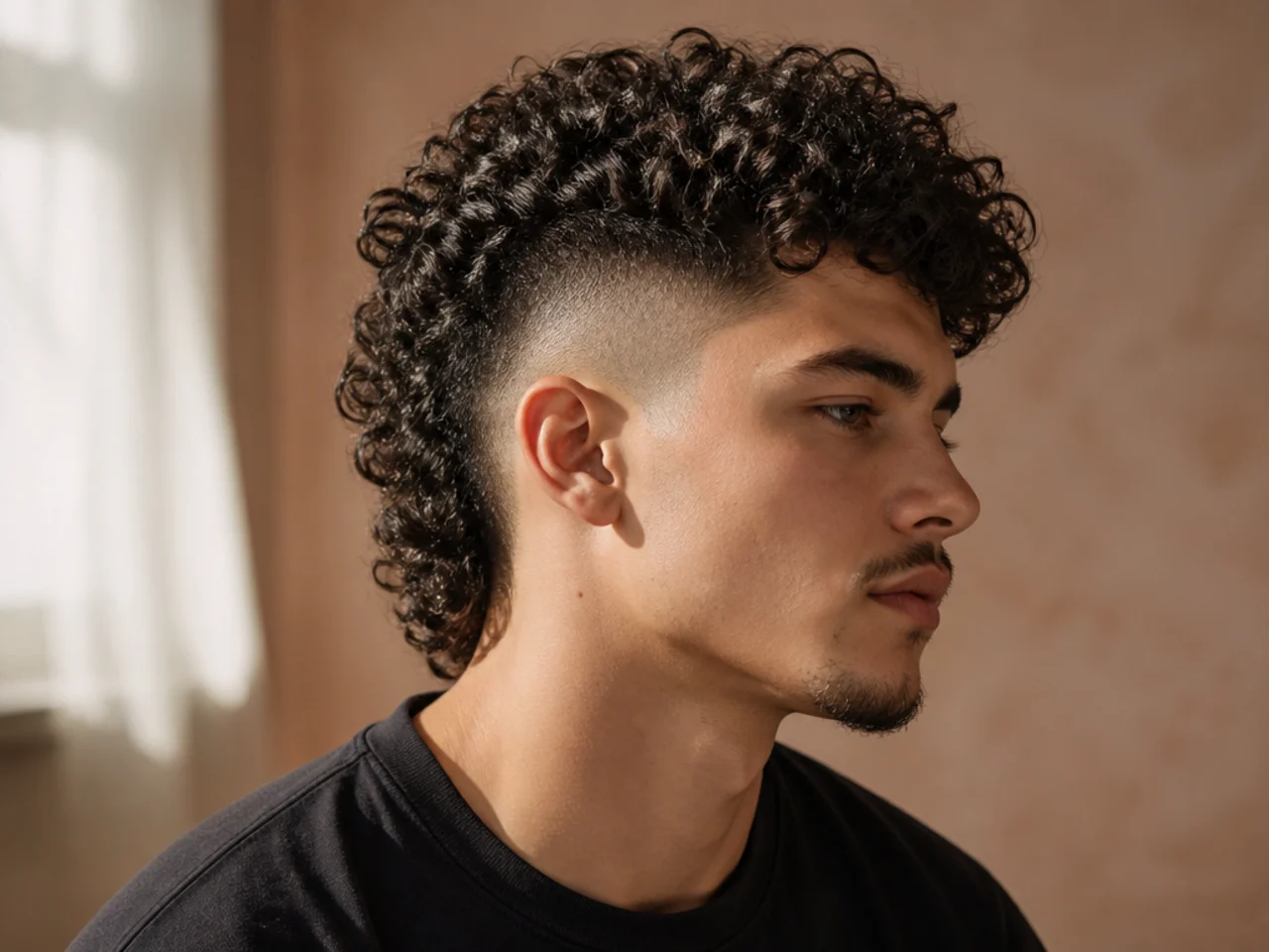 A high faded curly mullet with short sides and a tall curly top