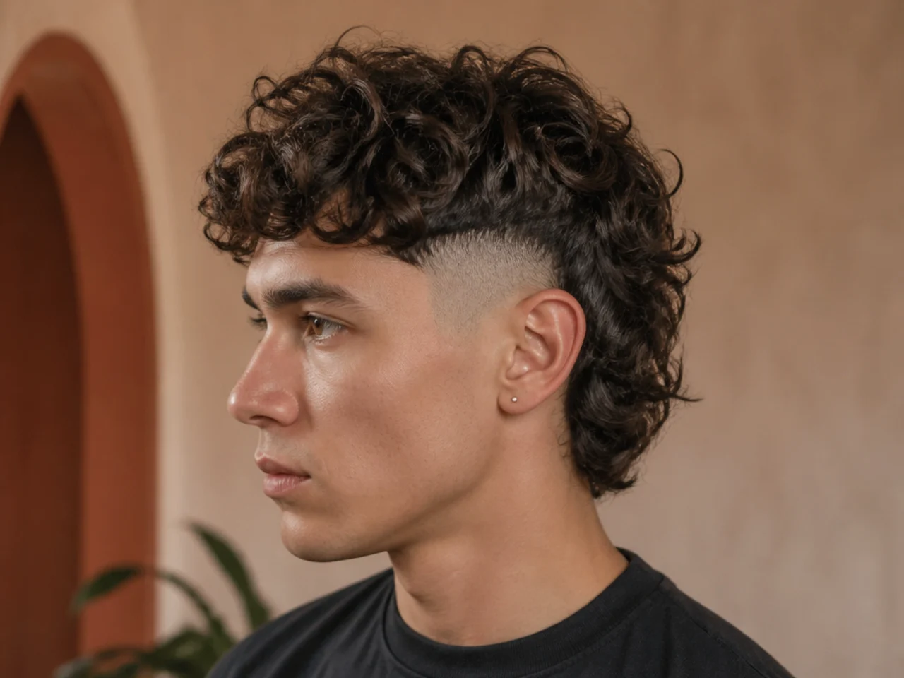 A curly mullet with the sides taken down to bare skin at the bottom