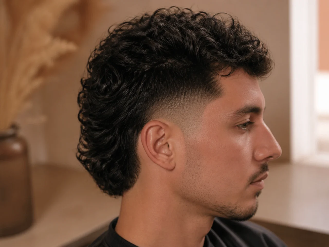 A burst fade curving around the ear with long curls left at the nape