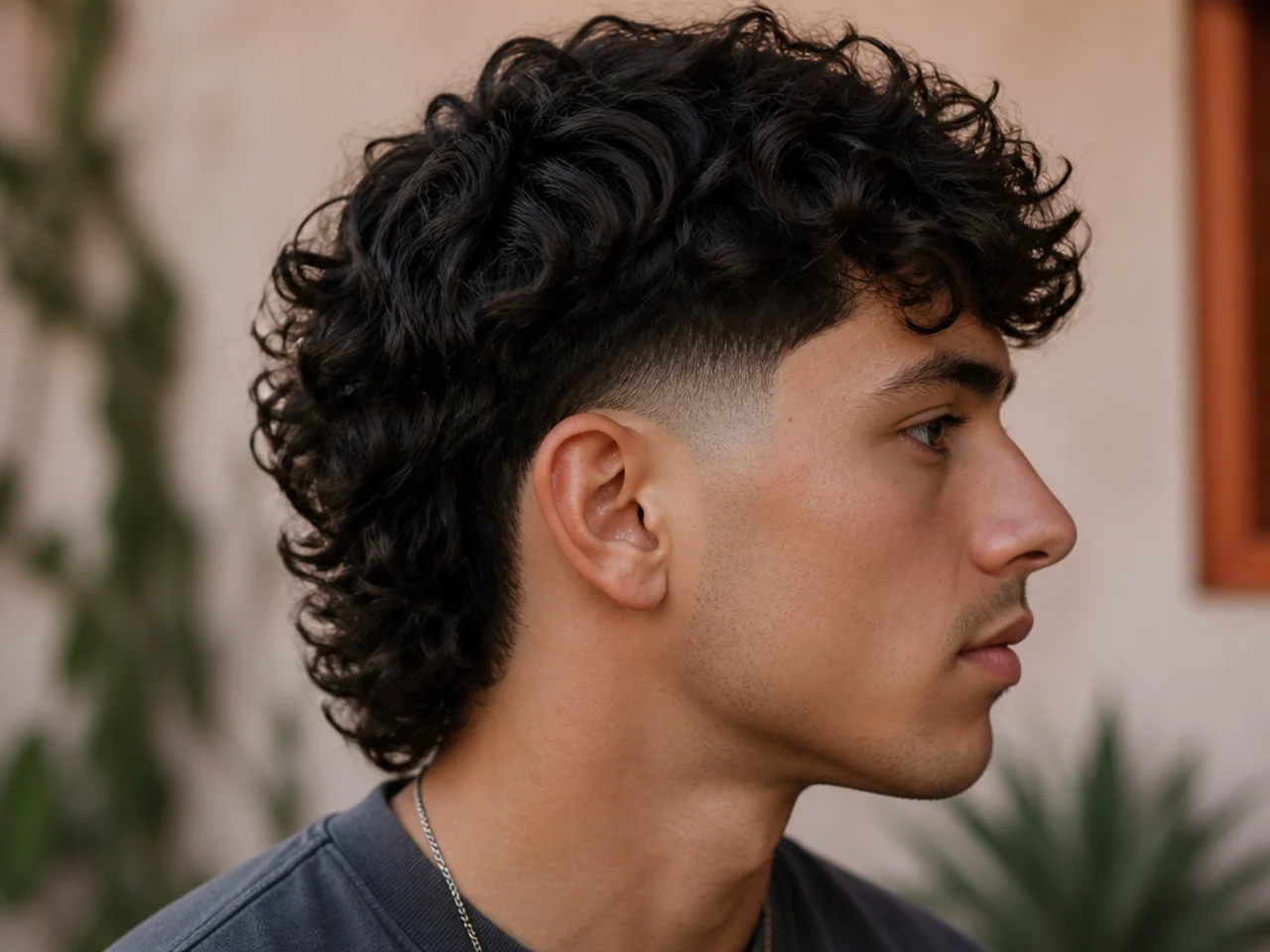 A drop fade arcing down behind the ear under a curly mullet