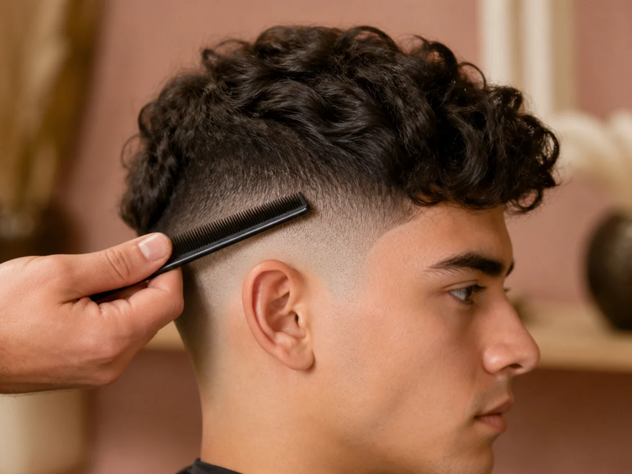 Three fade heights marked on the side of a curly haired head with a comb