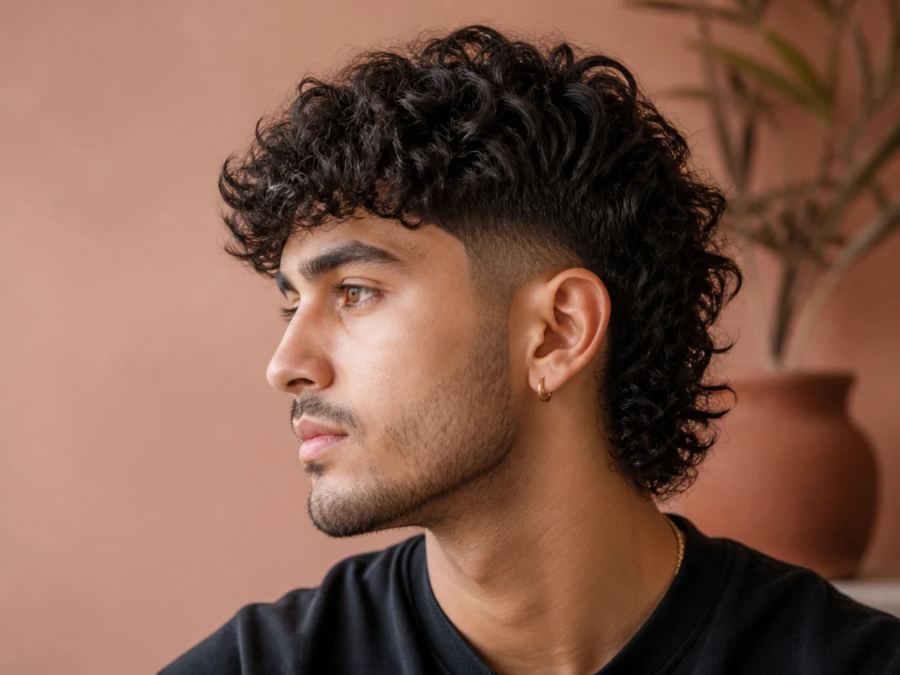 Three quarter view of a finished curly mullet fade on thick hair