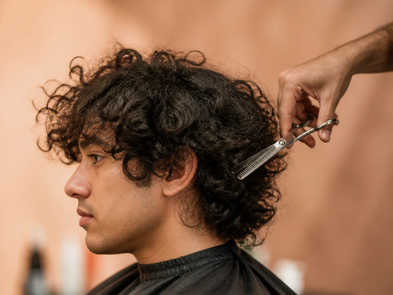 A frizzy uneven curly tail cut with thinning shears