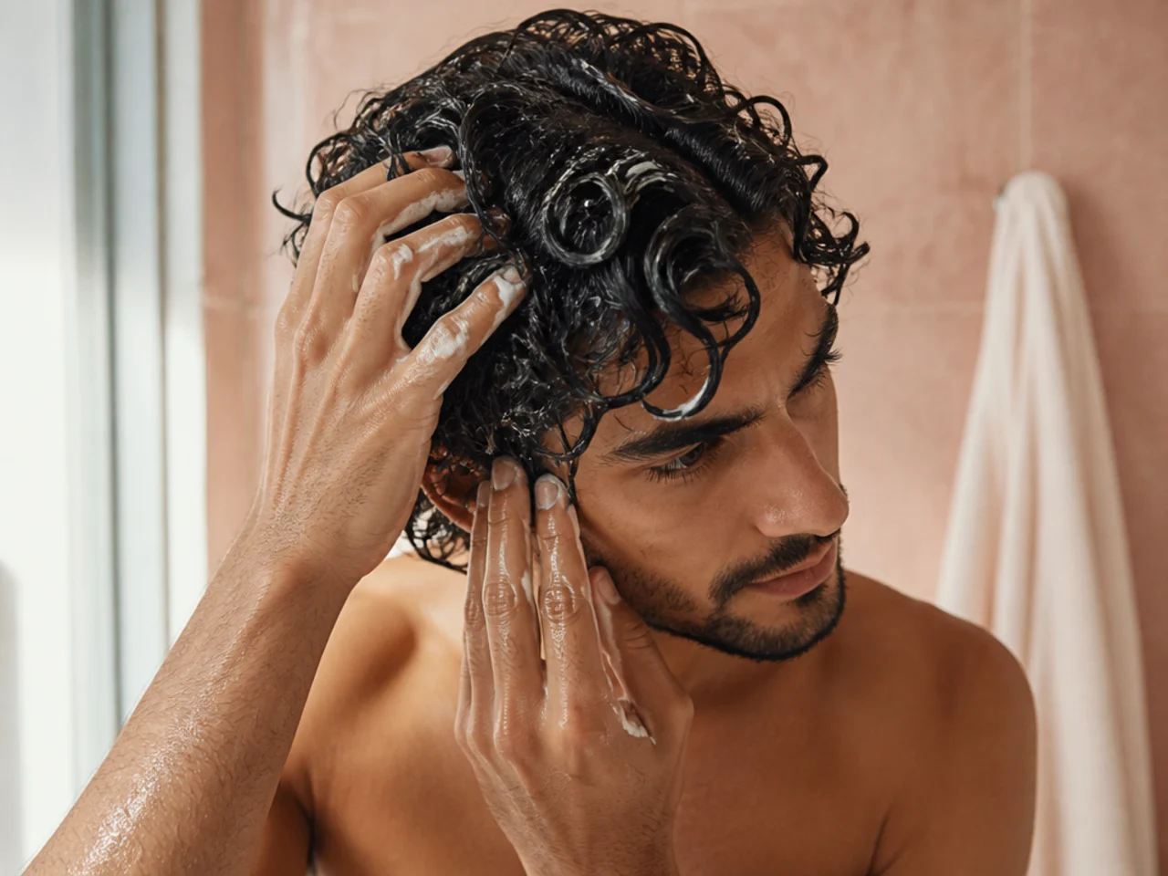 Curl cream being worked into soaking wet curls with open hands