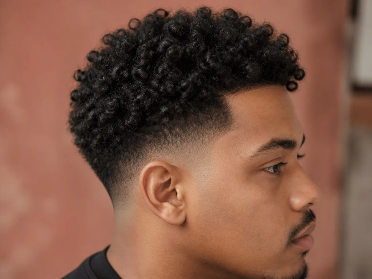 Close view of a fade blending into tight curls with a soft undefined transition line