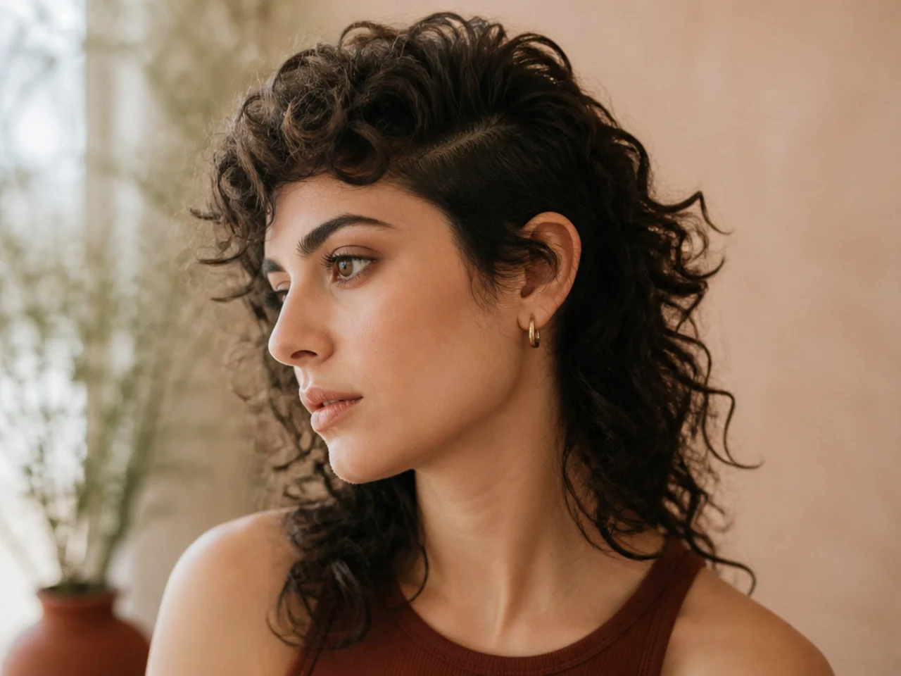A curly mullet parted deeply to one side