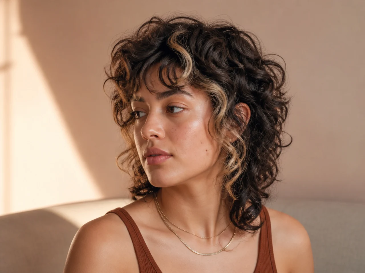 A curly mullet with two lightened money piece sections