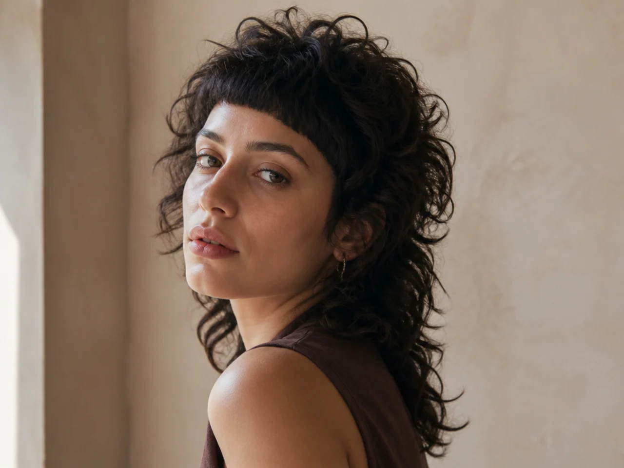A curly mullet with a very short micro fringe