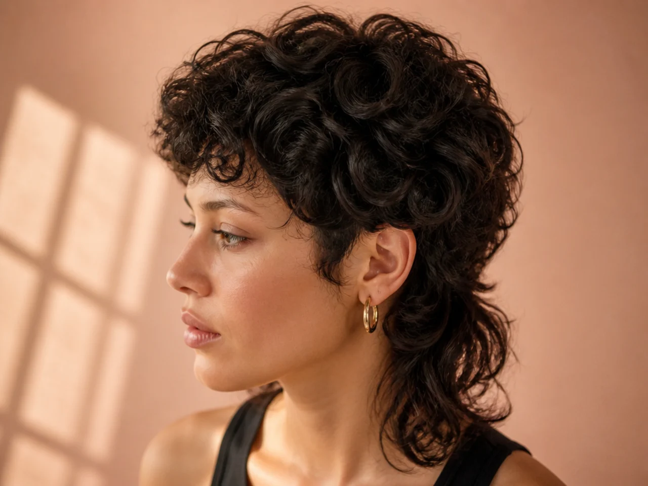 A curly mullet with a rounded domed crown