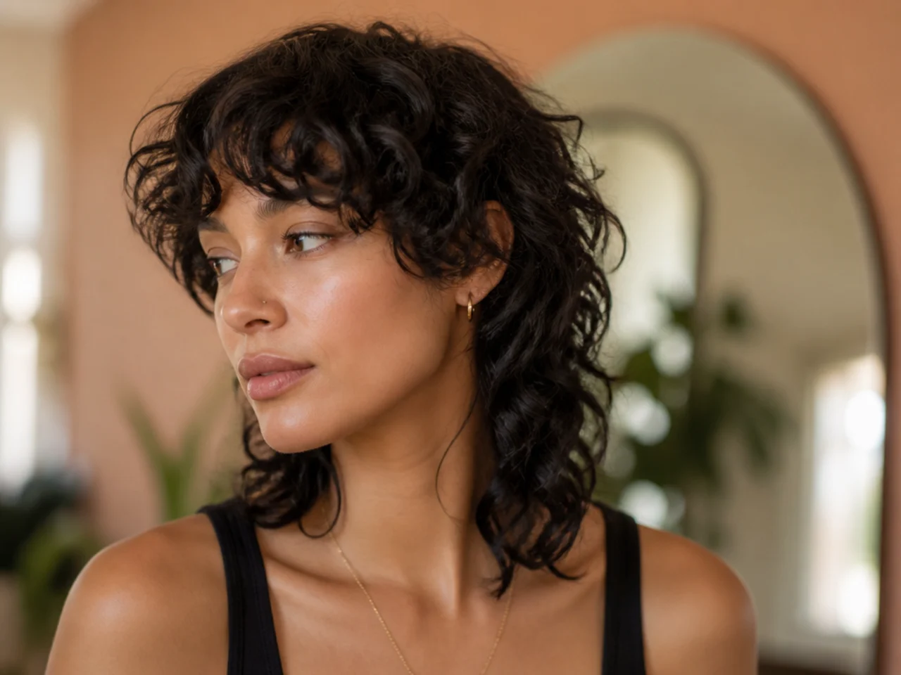 A soft curly mullet on fine curls
