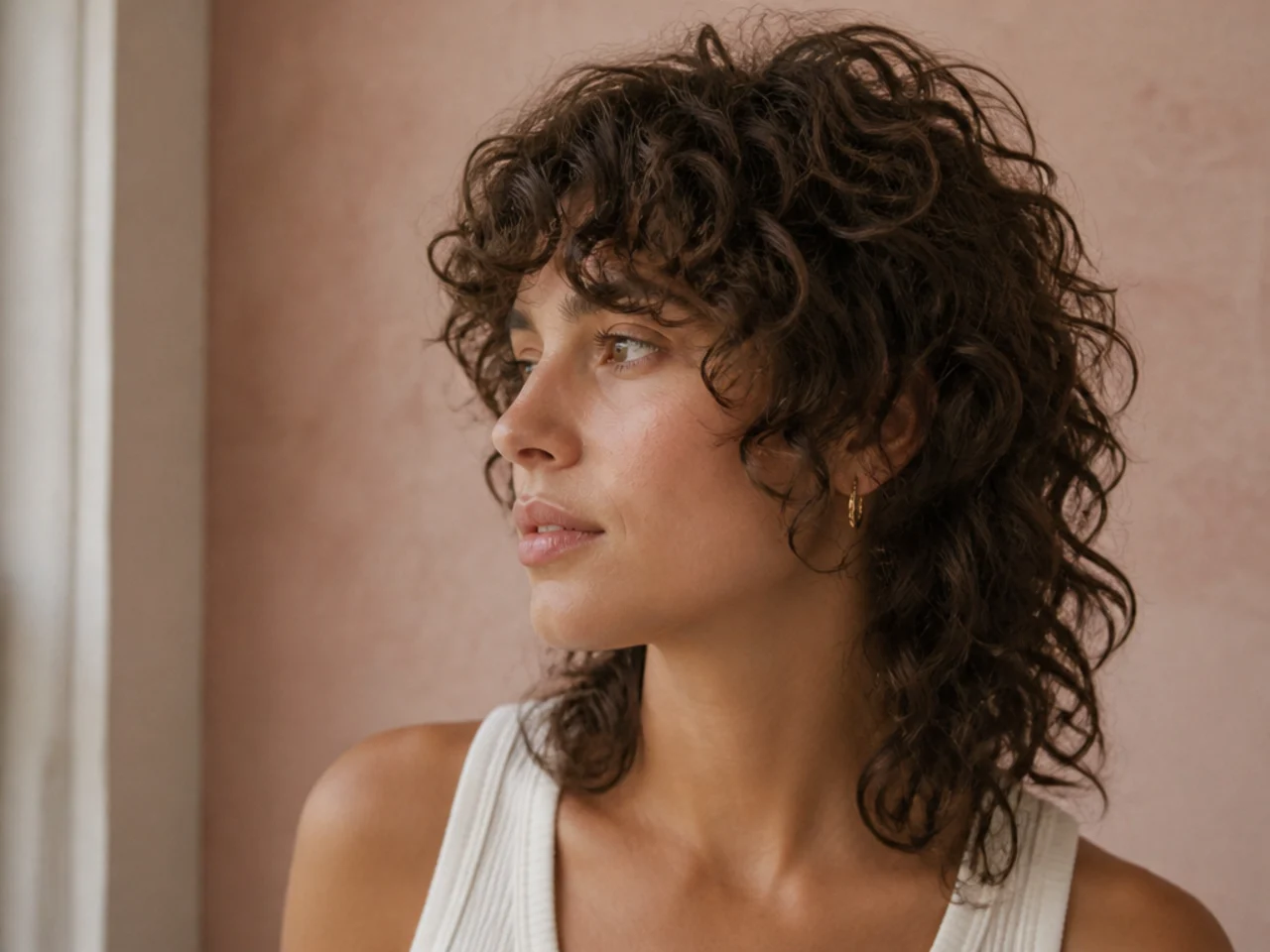 A curly mullet with face framing layers at the cheekbone