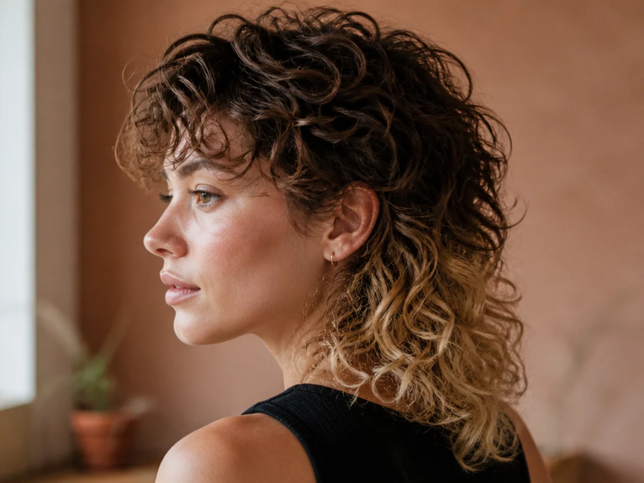 A curly mullet with a dark to light colour melt