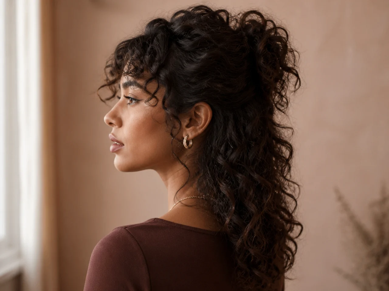 A curly mullet worn half up with the tail down