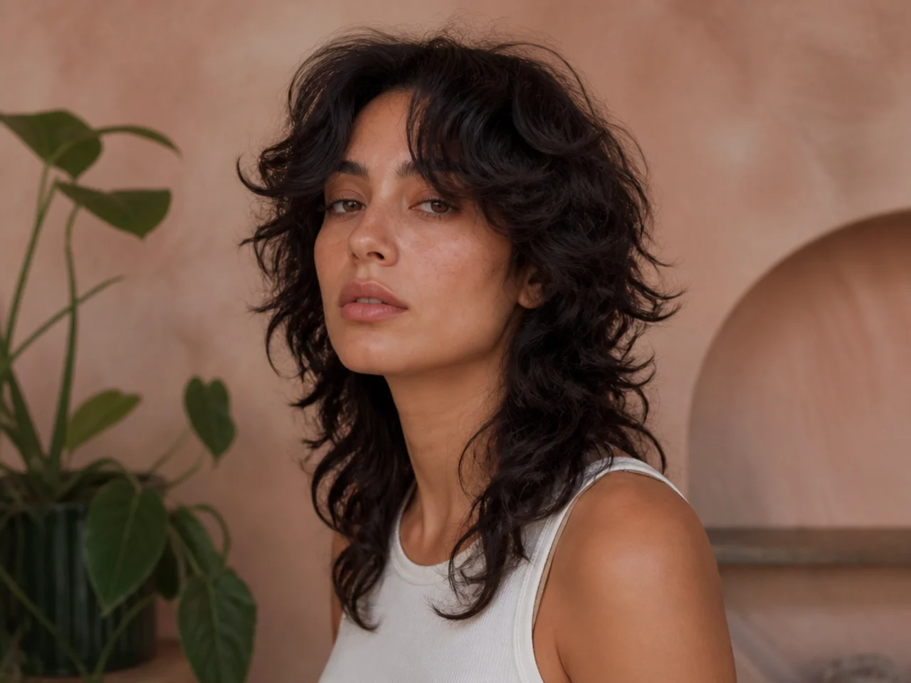 A curly mullet with a centre split curtain fringe