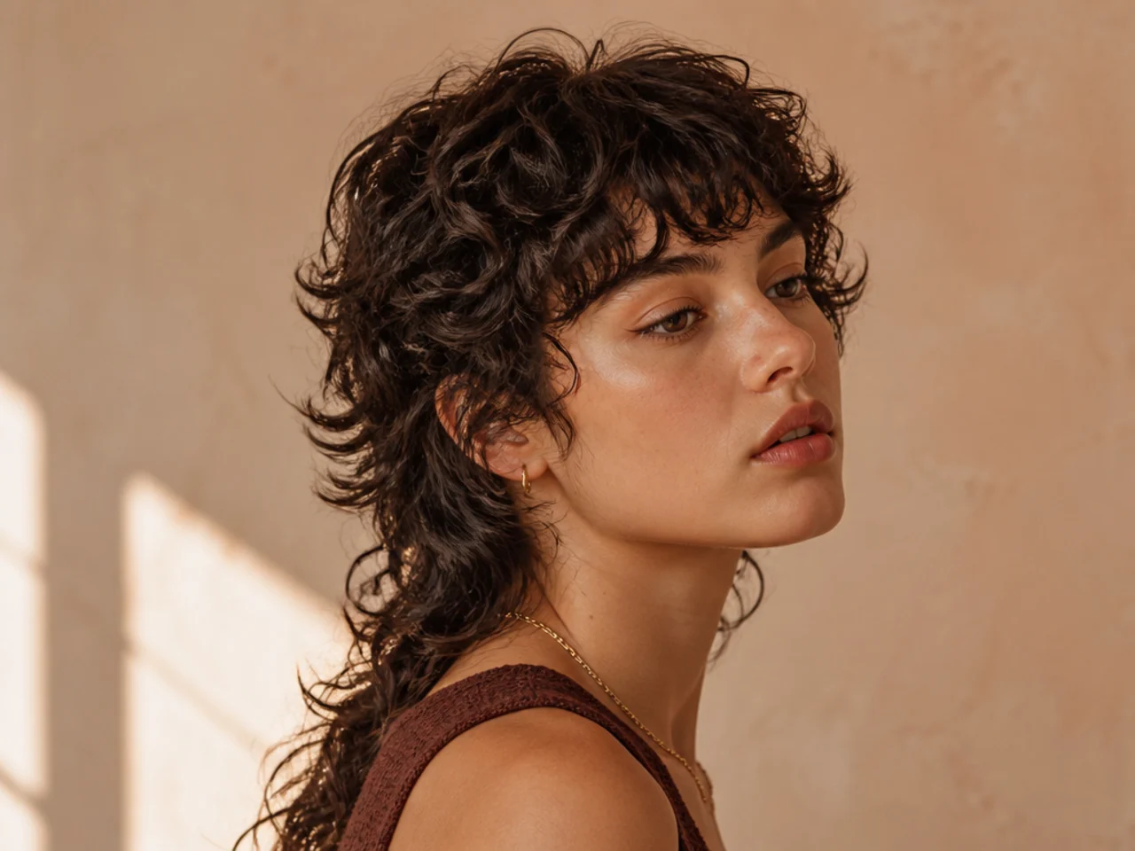 A curly mullet with short shag layers through the crown