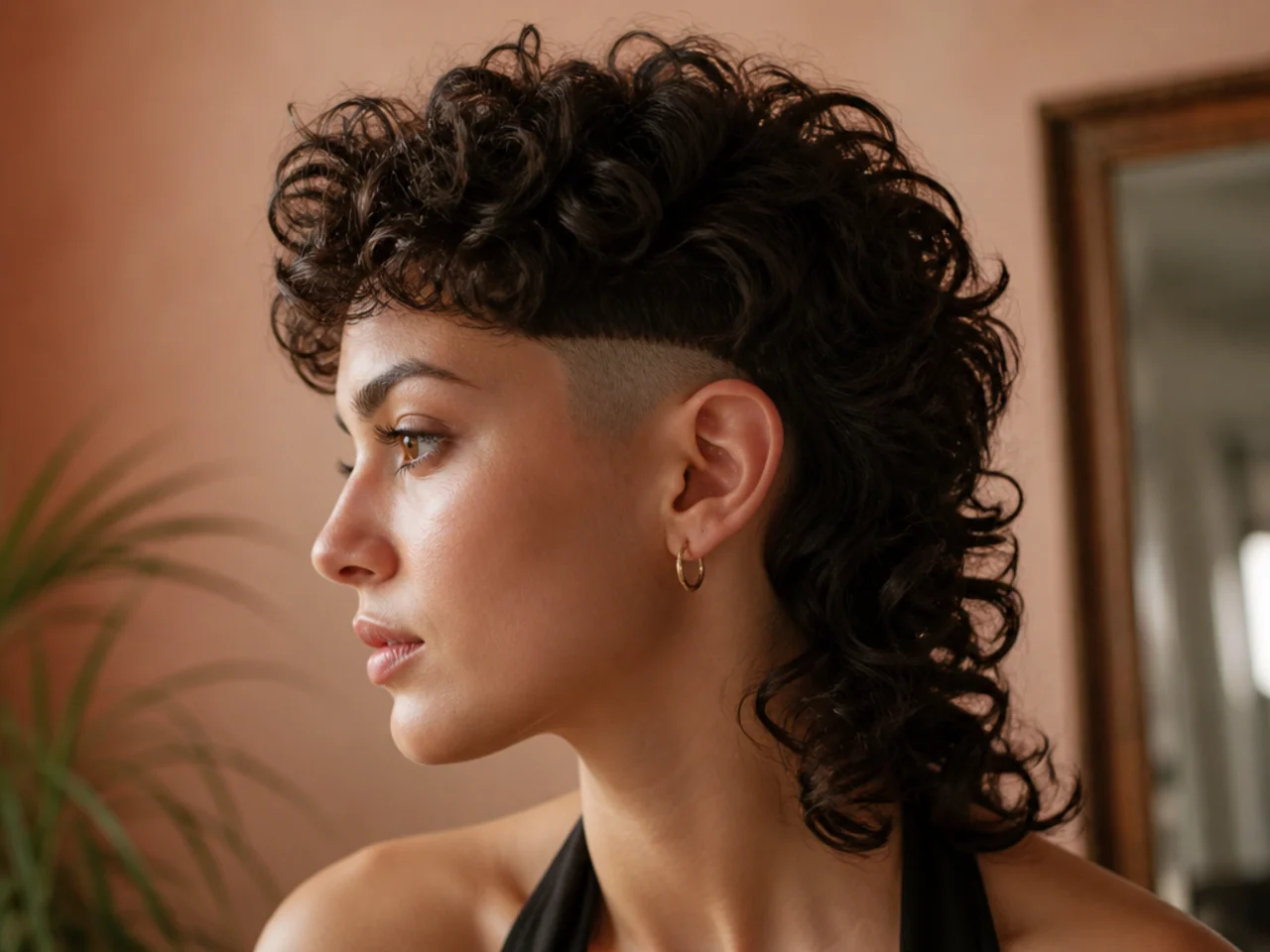 A curly mullet with a hard disconnection at the sides