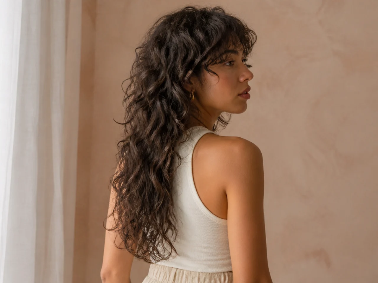 A long curly mullet with the tail past the shoulder blades