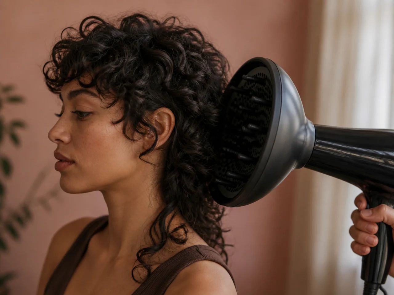 A diffuser being used on a curly mullet