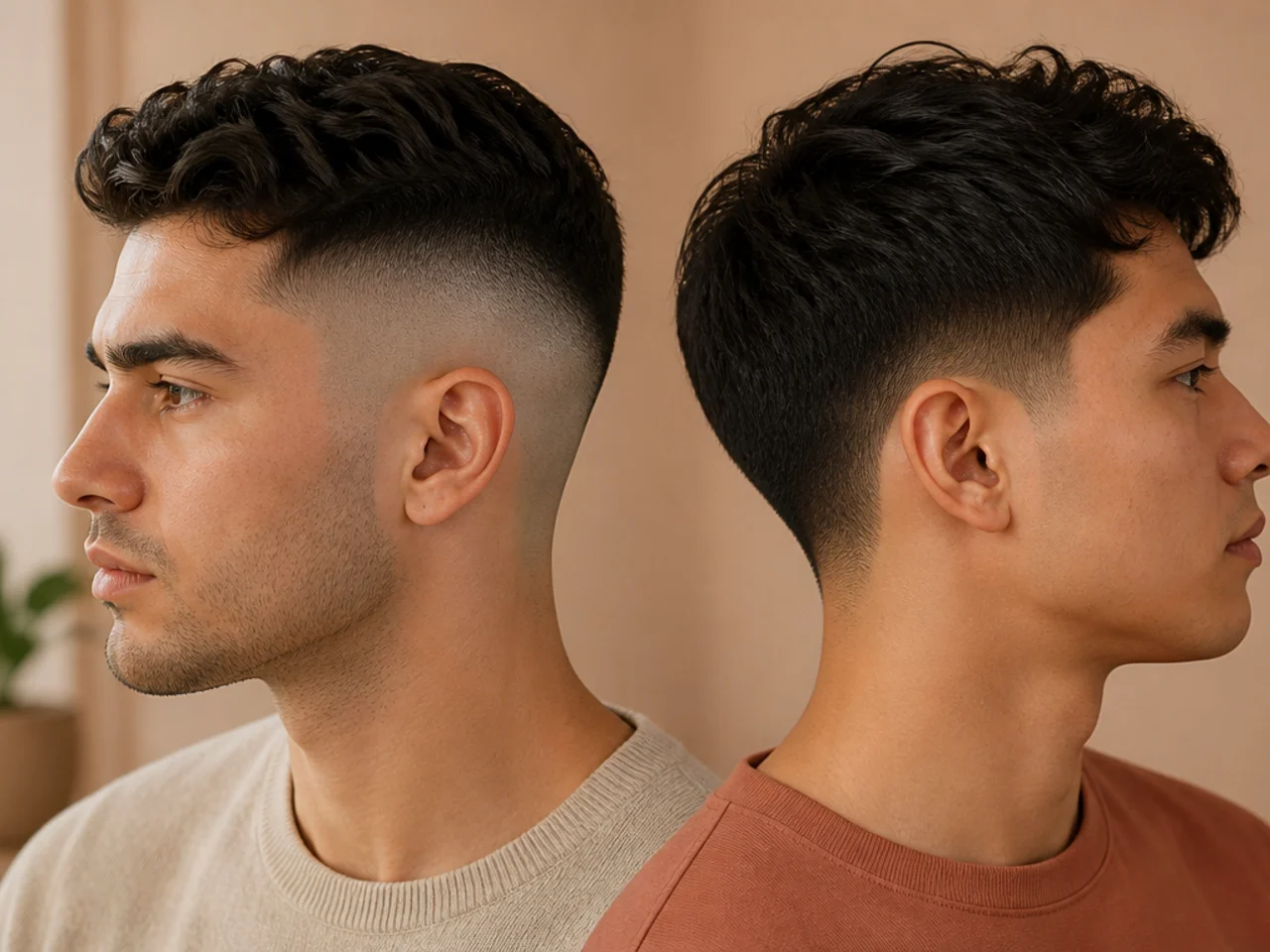 A skin fade and a taper compared on the side of the head