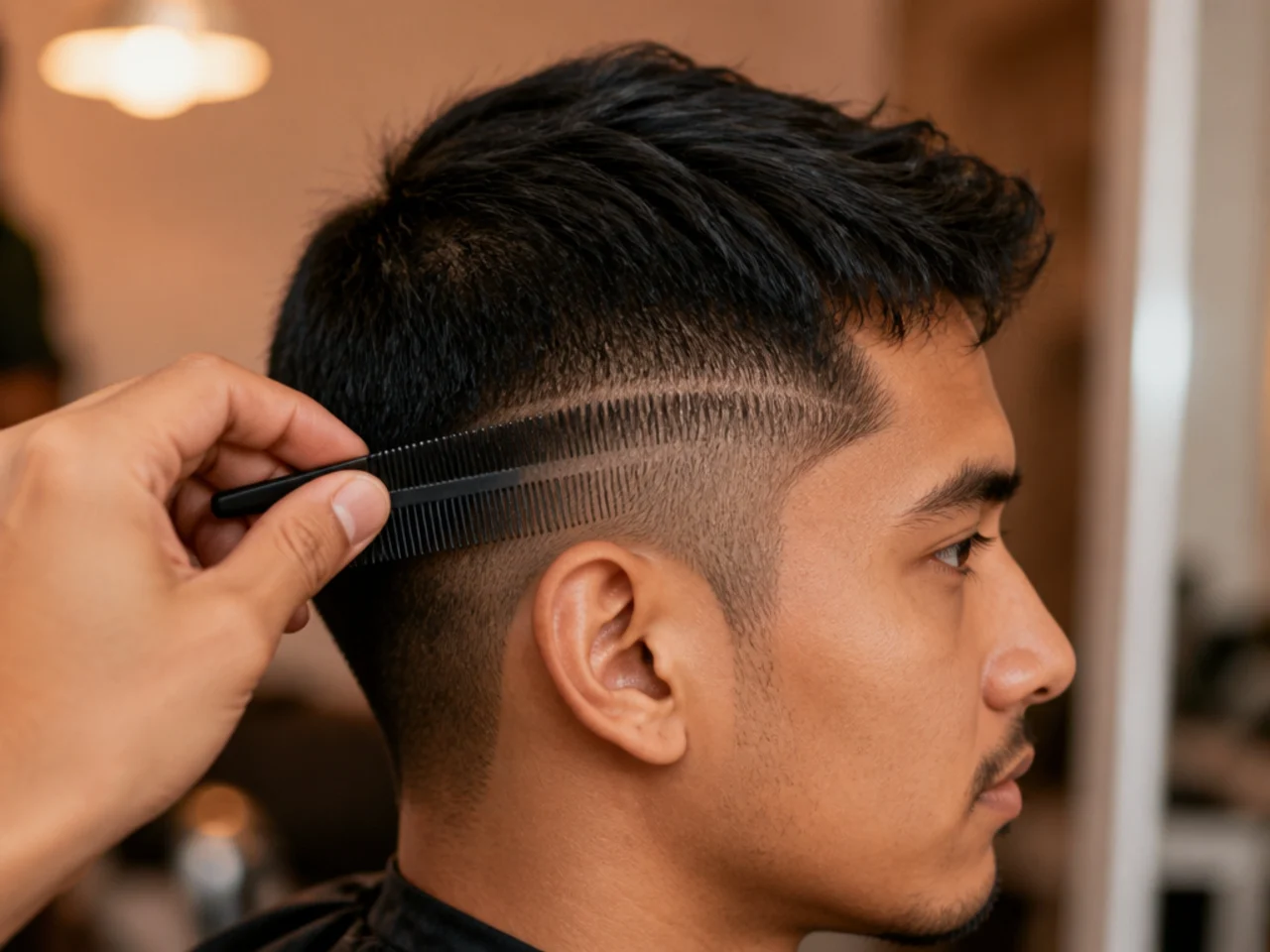 A comb marking three possible fade start heights on the side of a head