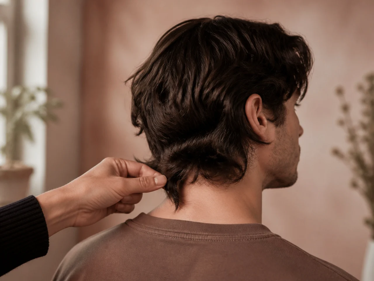 A hand marking a tail length against the collar at the back of the neck