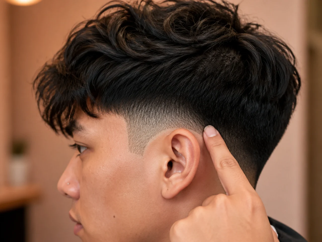 A finger tracing the disconnection line from the temple to behind the ear