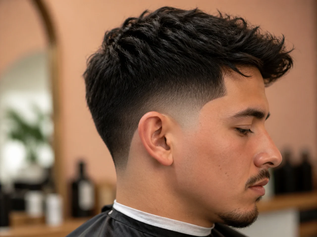 A burst fade arcing around the ear with the front edge clearly visible