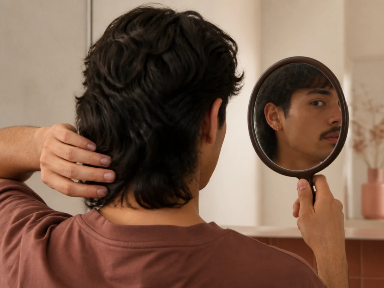 The outline of a mullet tail being checked with a hand mirror