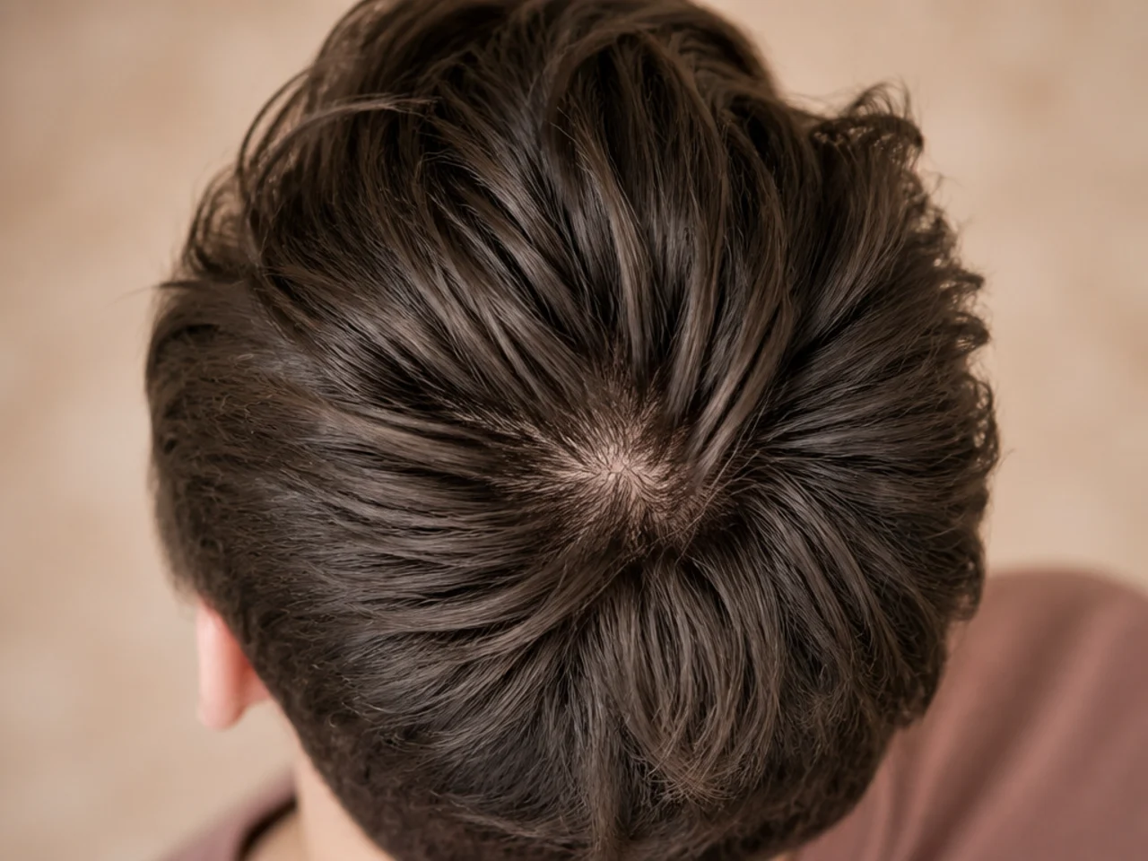A hair whorl at the crown with hair splitting open around it