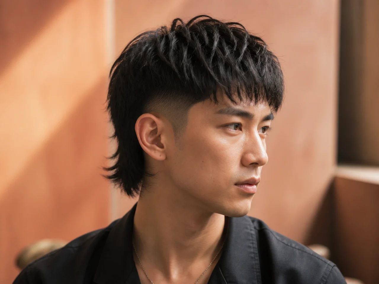 Three quarter view of a finished mullet fade on straight dark hair
