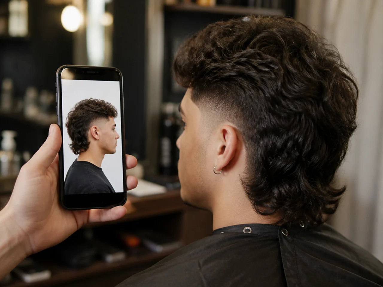 A phone showing a reference photo of a fresh mullet fade held up in a barber chair