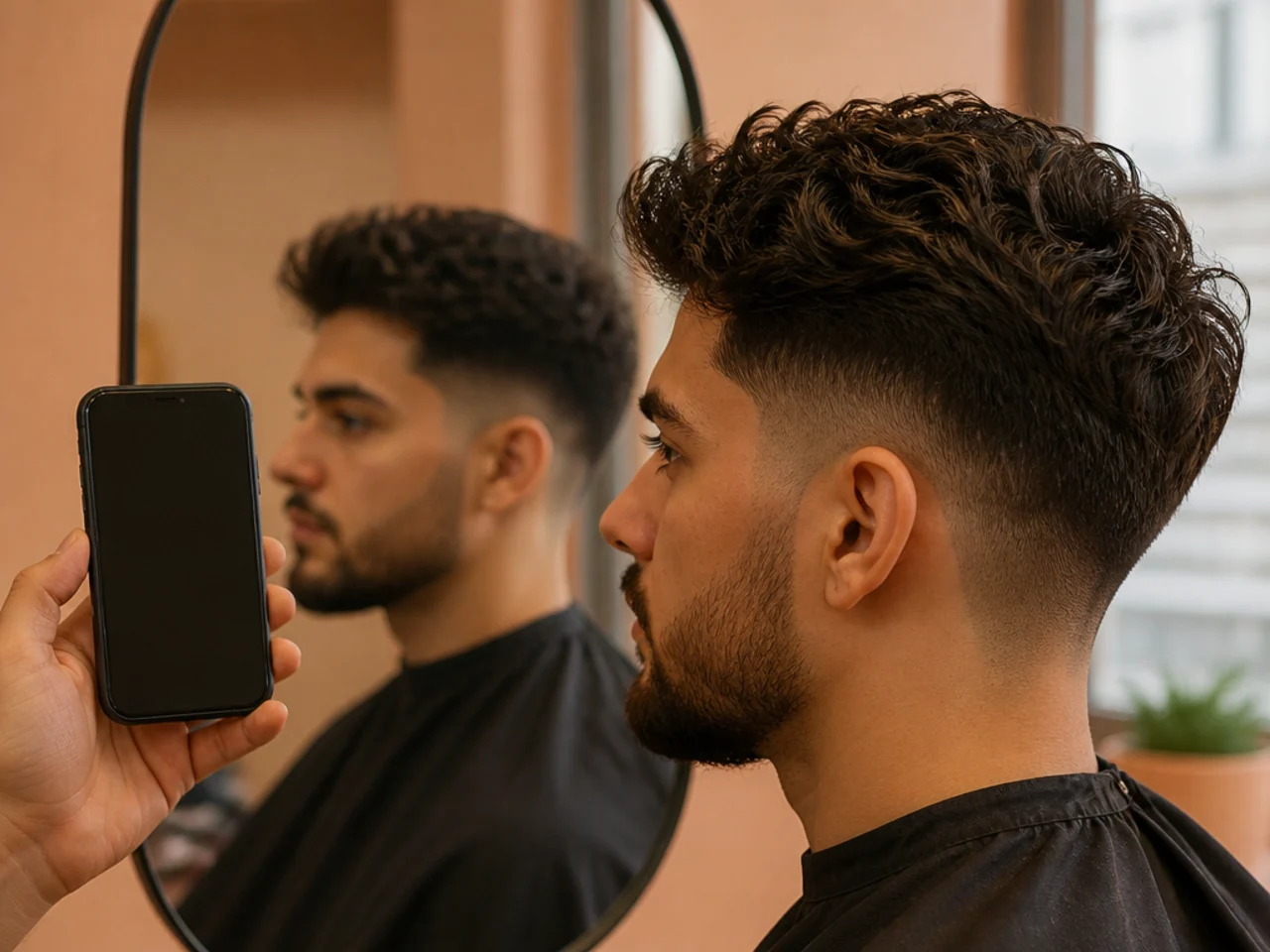 A phone note listing haircut measurements held beside a barber mirror