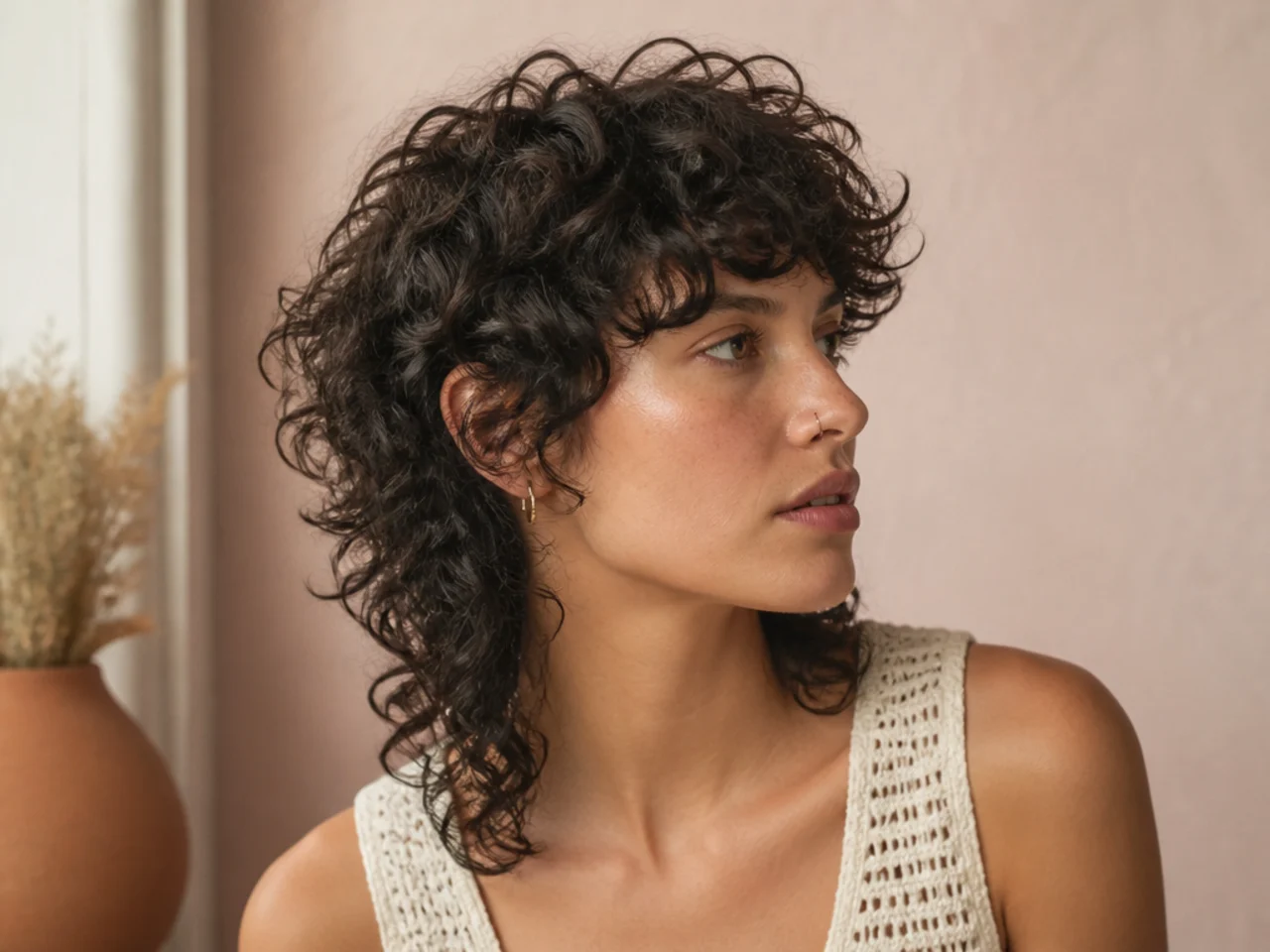 A curly mullet cut with defined ends