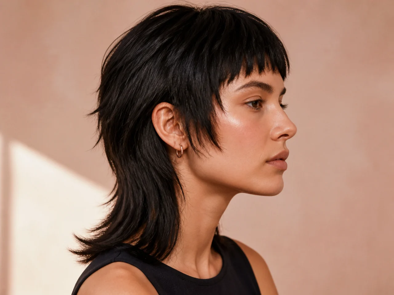A straight haired mullet cut with a sharp outline