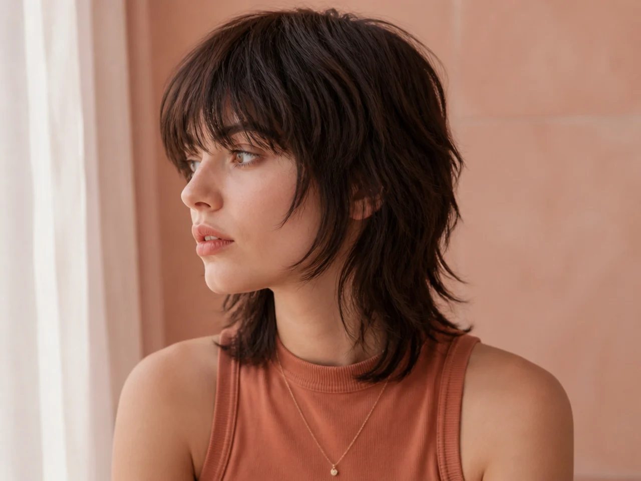 A medium length mullet cut at the collarbone