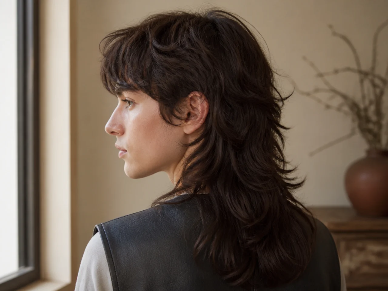 A long mullet cut reaching the shoulder blades