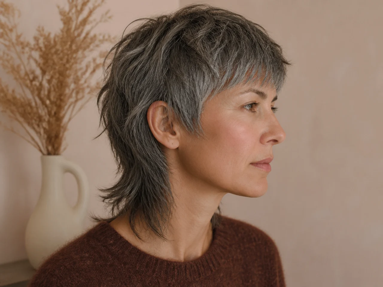 A mullet cut on natural grey hair