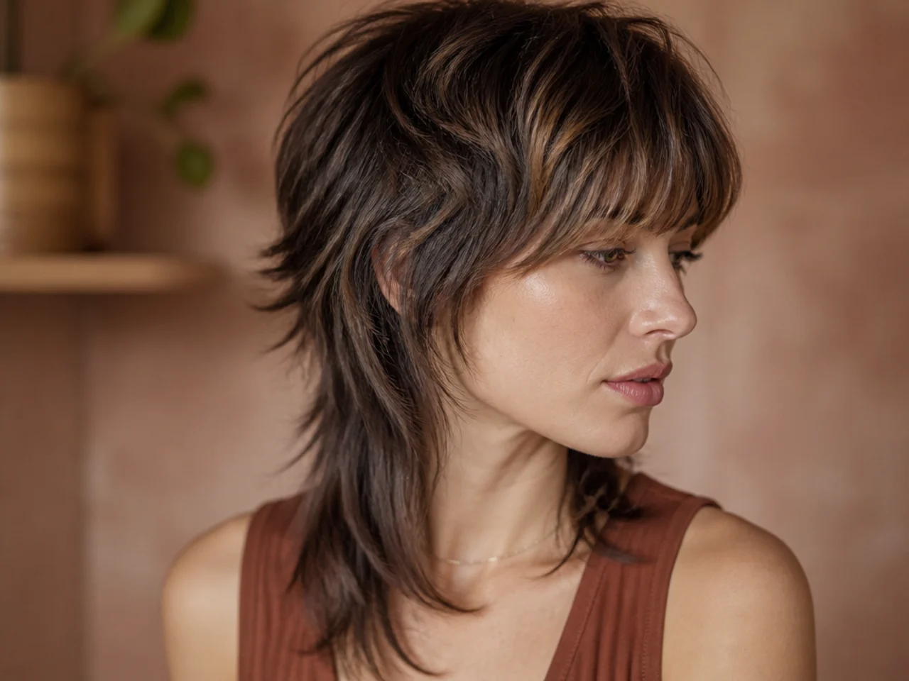 A balayage mullet cut with painted surface colour