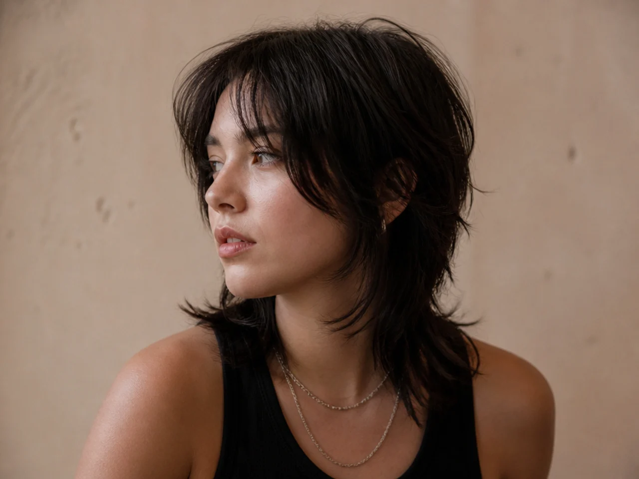 A mullet cut with a long front for a round face