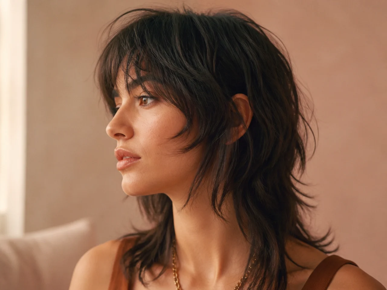 A mullet cut with diagonal face framing layers
