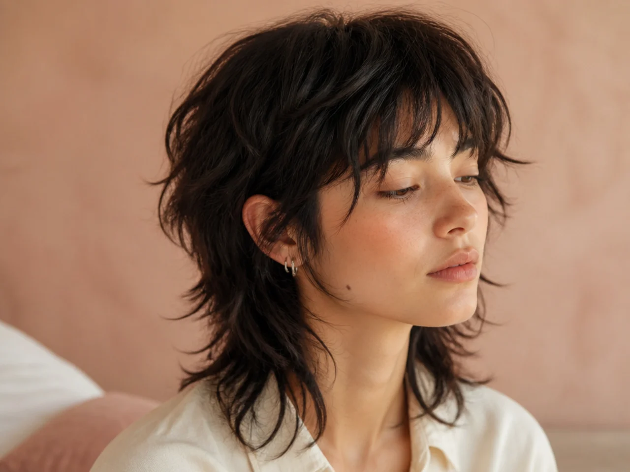 Three quarter view of a layered mullet cut