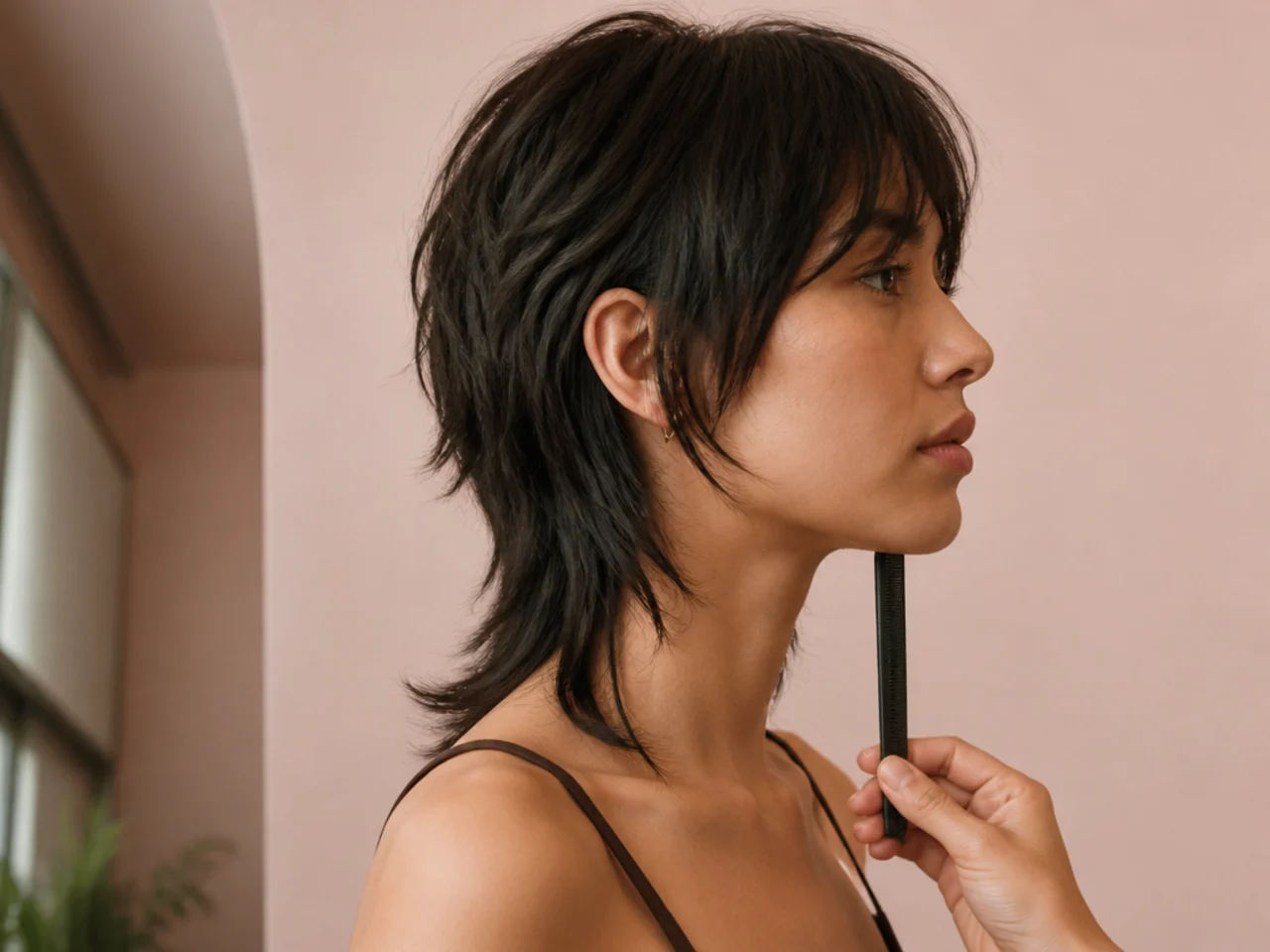 Front length being measured against the chin on a mullet cut