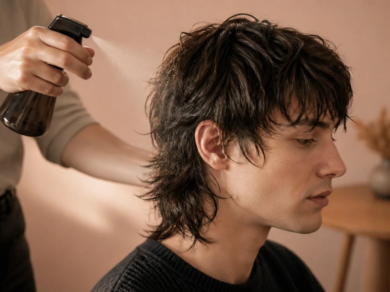 A mullet cut being refreshed with a water spray