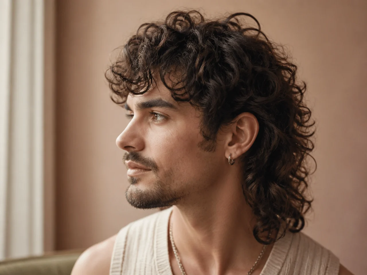 A curly mullet drawn as shaded clumps rather than outlined spirals