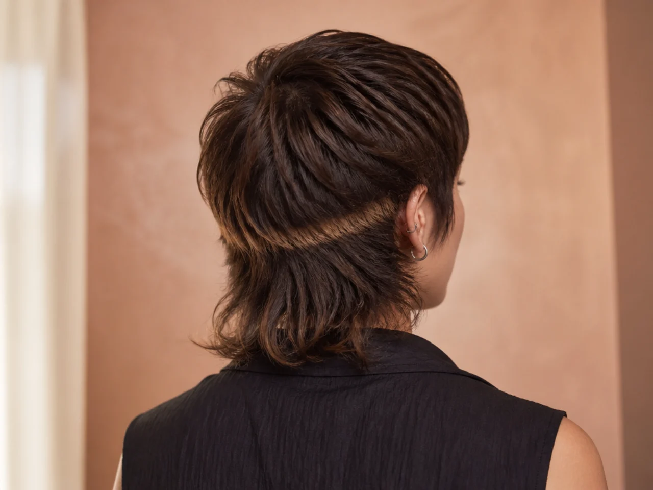 A highlight band curving horizontally across the back of a drawn mullet