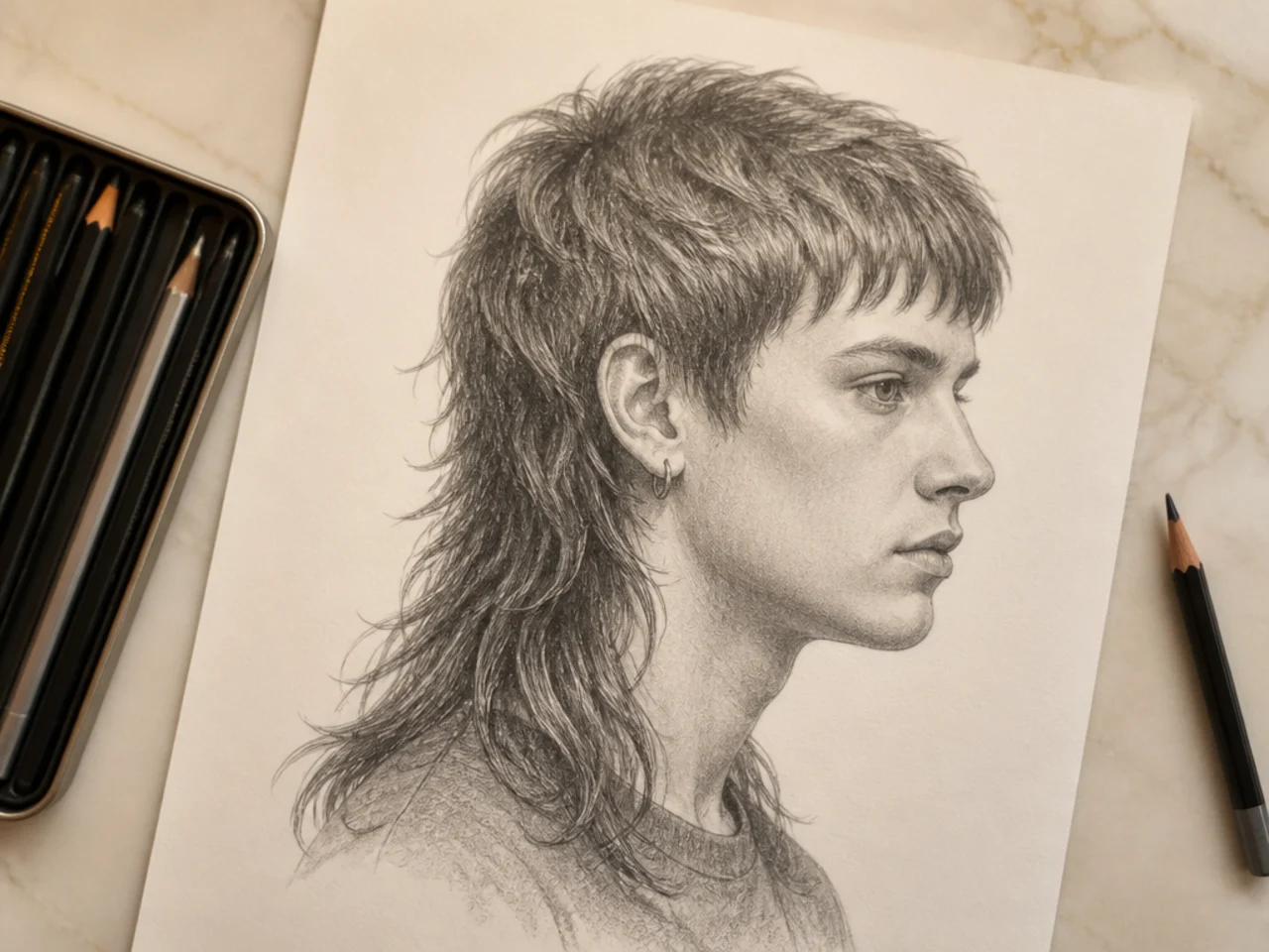 A finished realistic graphite drawing of a mullet with soft tonal shading