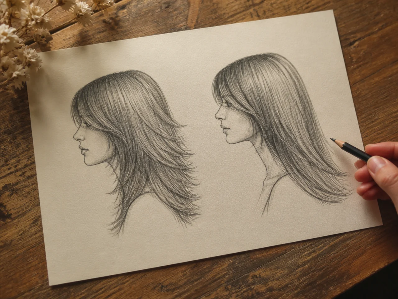 Two sketches side by side comparing a stepped and a sloped hair shape