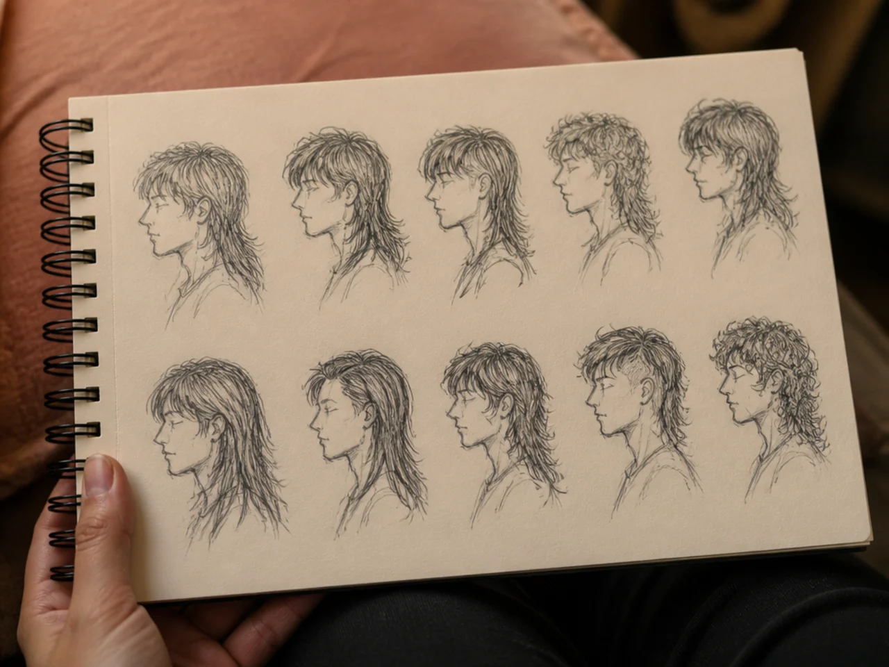 A sketchbook page of ten rapid gesture drawings of mullet silhouettes