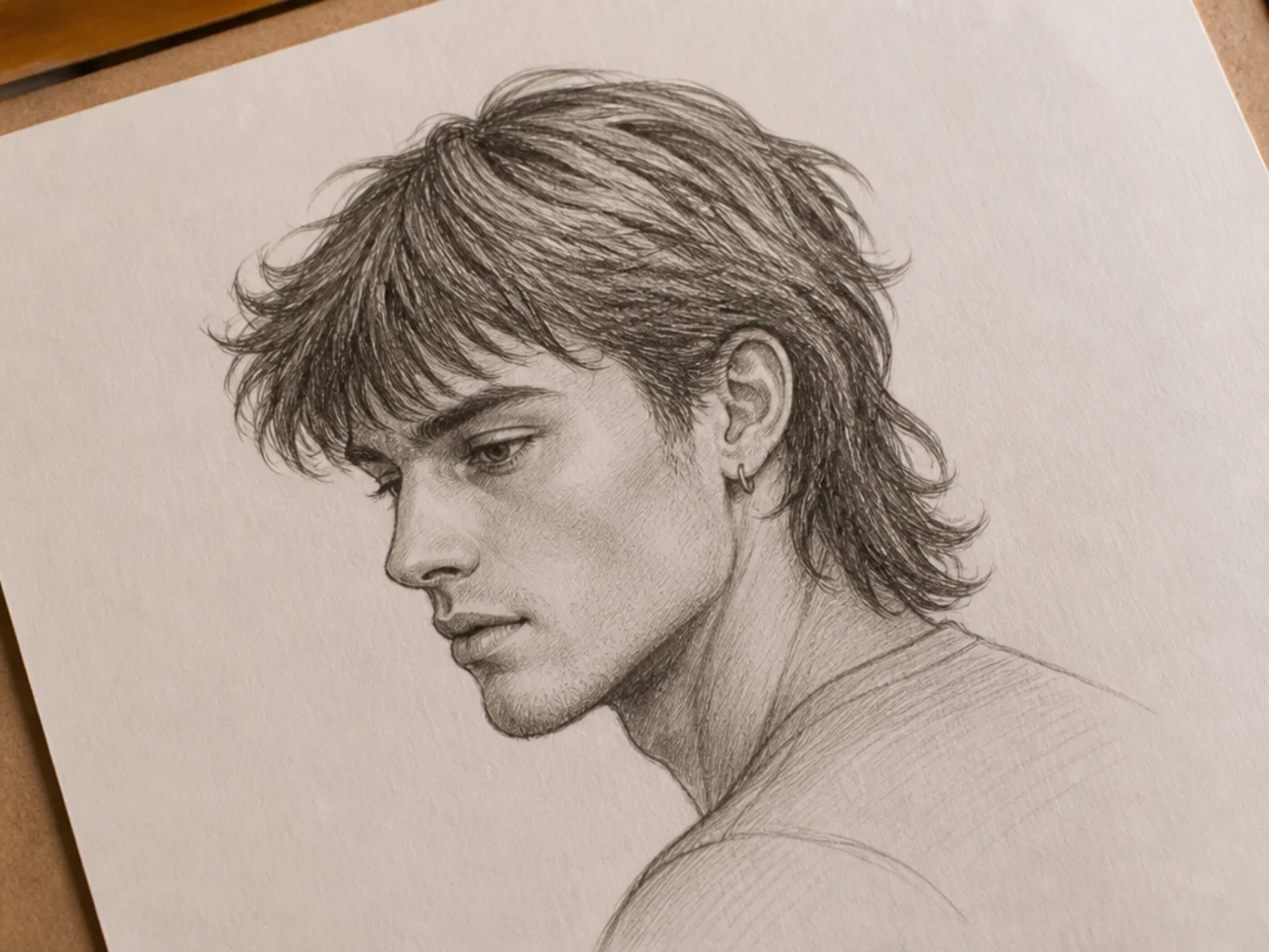 A three quarter view pencil sketch of a mullet with the tail wrapping behind the head